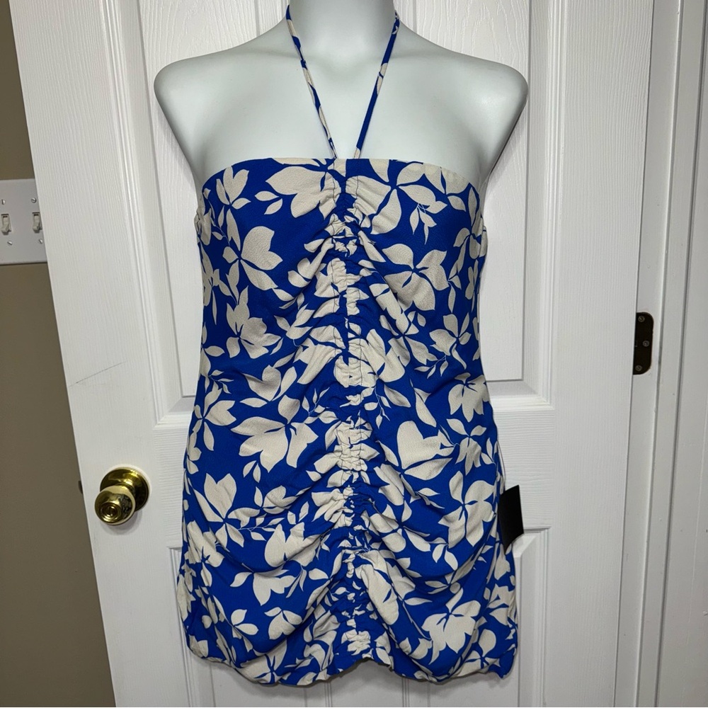 LULUS Show Off Time Blue Floral Print Ruched Halter Bodycon Dress Size XL NWT